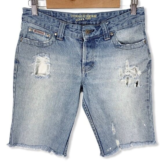 Hydraulic 7/8 Distressed Jean Shorts Light Wash Denim Mid Length 10" Inseam - Picture 1 of 7